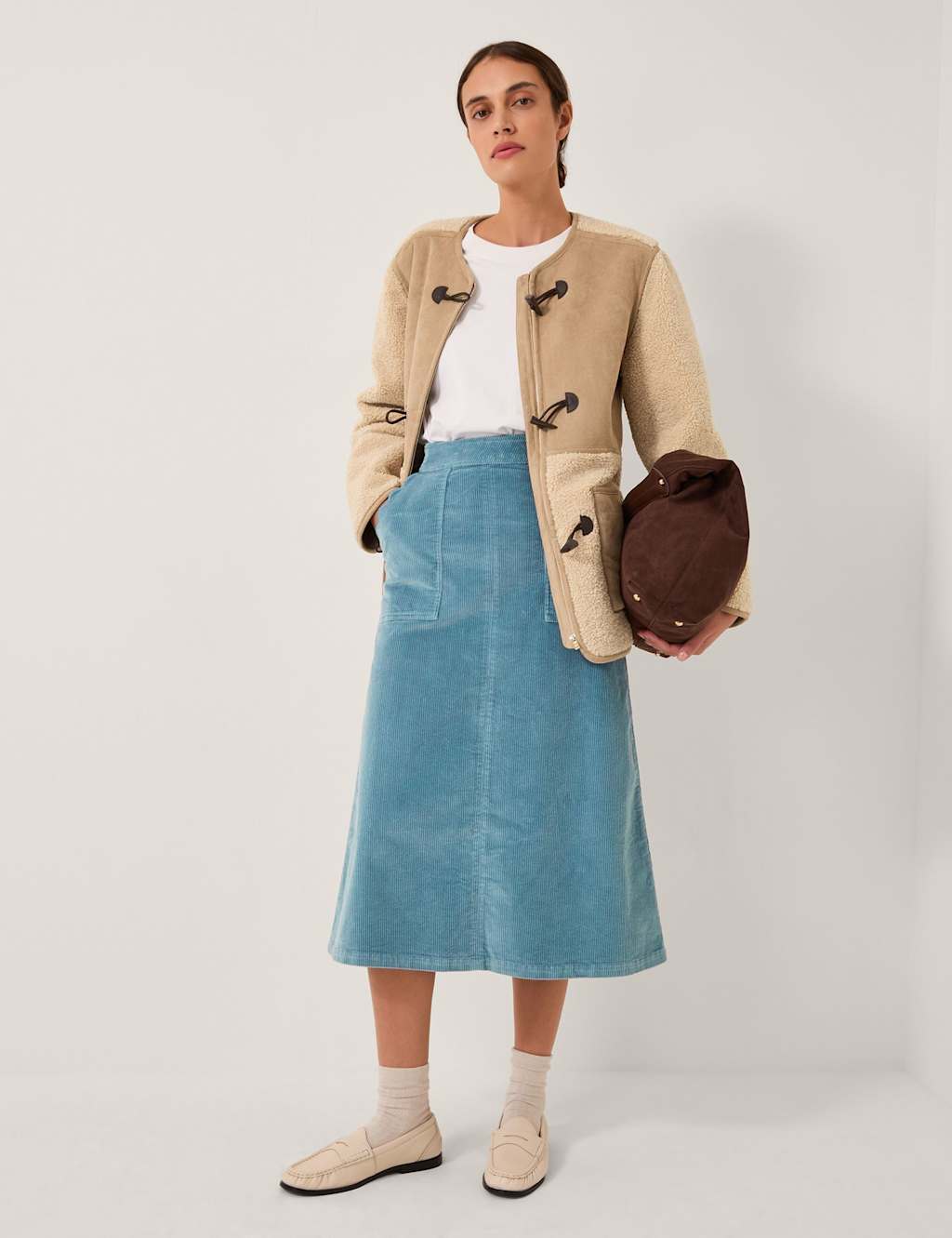 Monsoon Cord Scallop Trim Midi A-Line Skirt Pale Blue