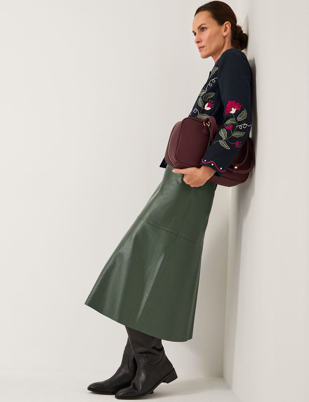Monsoon Leather Look Midi A-Line Skirt Green