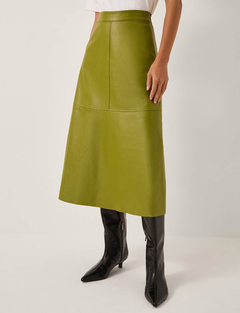 Monsoon Leather Look Midi A-Line Skirt Olive