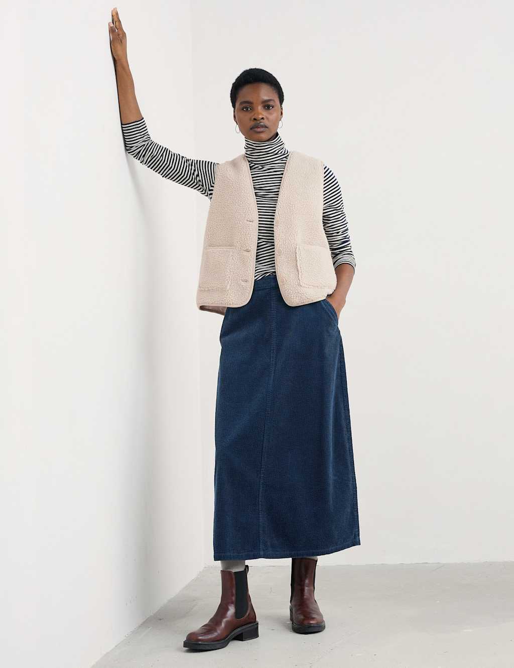 Seasalt Cornwall Pure Cotton Textured Midi A-Line Skirt Navy