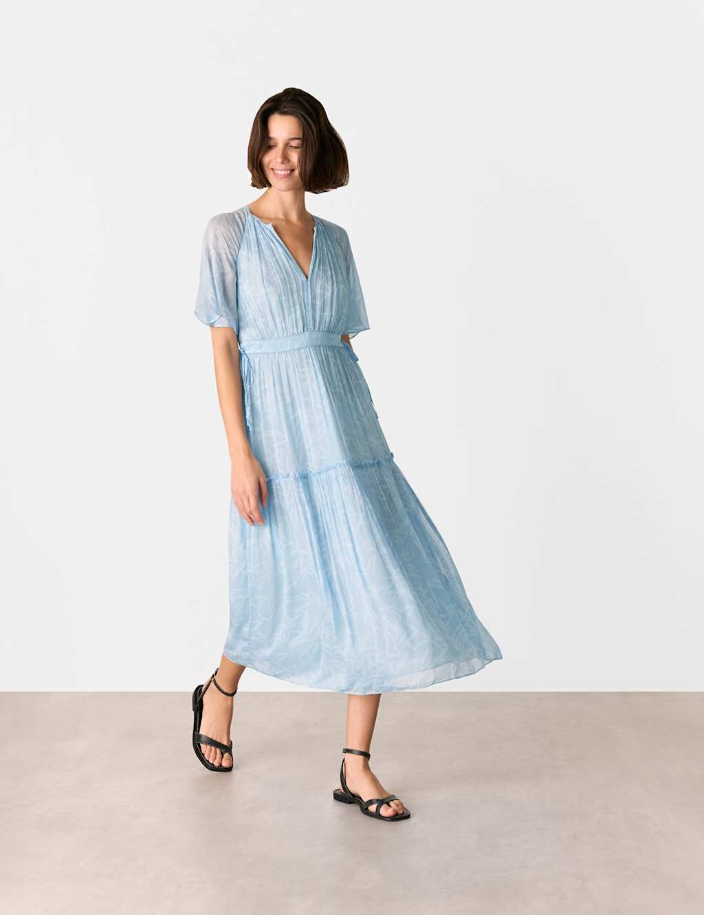 Chiffon Leaf Print V-Neck Midi Dress