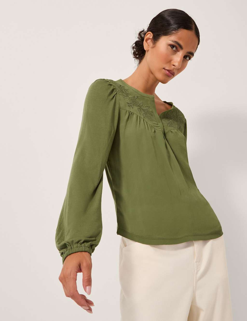 Monsoon Floral Embroidered Yoke Top Green