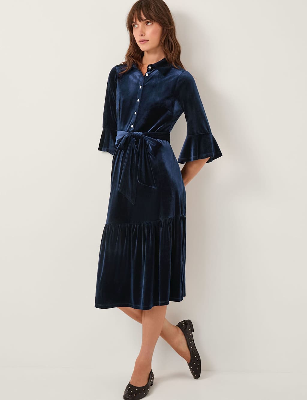 Monsoon Velvet Belted Midi Shirt Dress Dark Blue