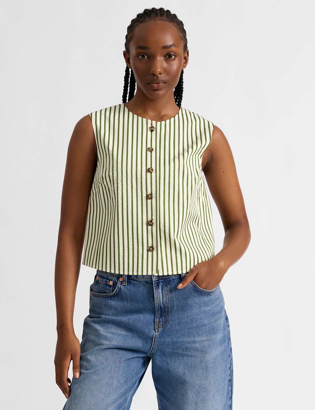 Albaray Women's Cotton Blend Striped Fitted Vest Top - 12 - Green Mix - Available at M&S
