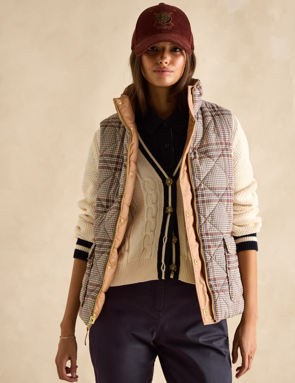 Checked Padded Funnel Neck Reversible Gilet