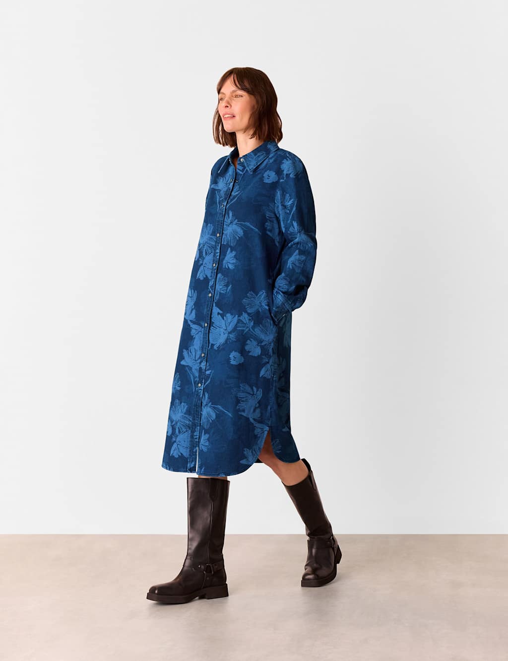 Denim Floral Midi Shirt Dress