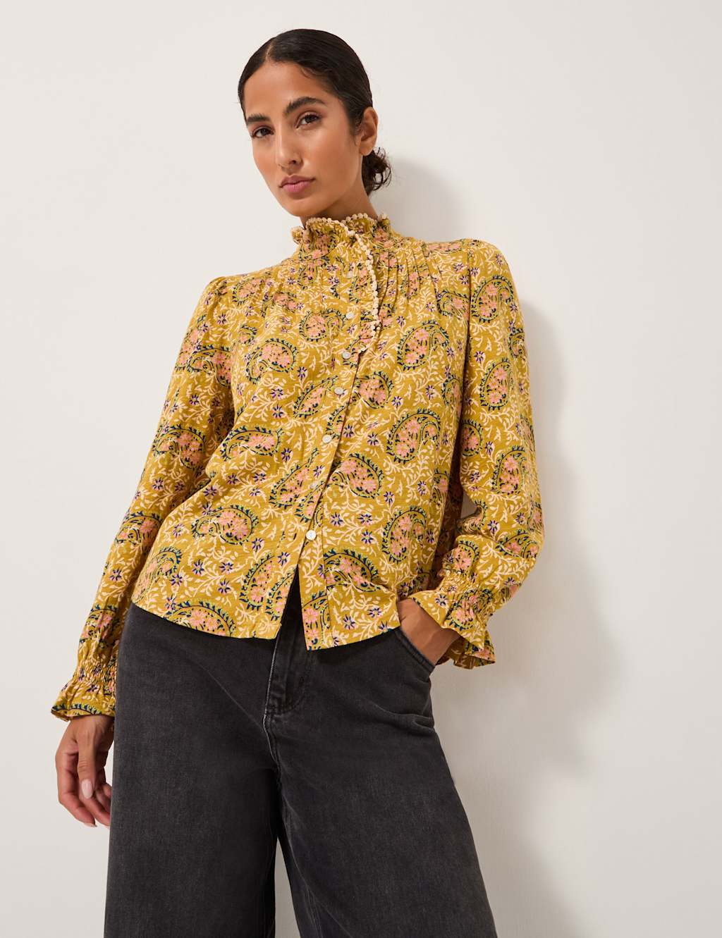 Monsoon Pure Cotton Jersey Floral High Neck Blouse Yellow