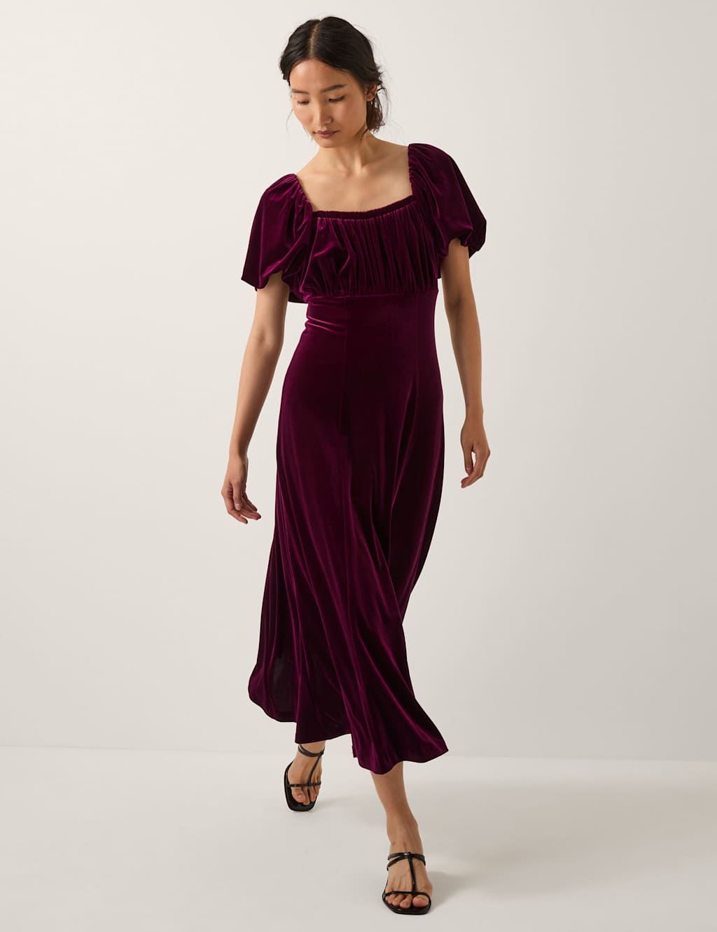 Monsoon Velvet Square Neck Midi Skater Dress Burgundy