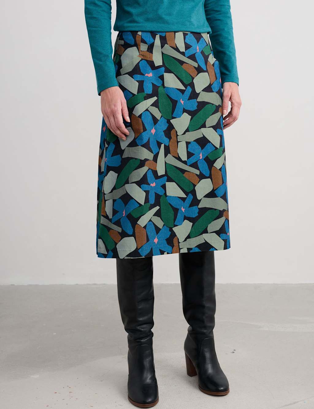 Seasalt Cornwall Pure Cotton Floral Midi A-Line Skirt Teal Mix