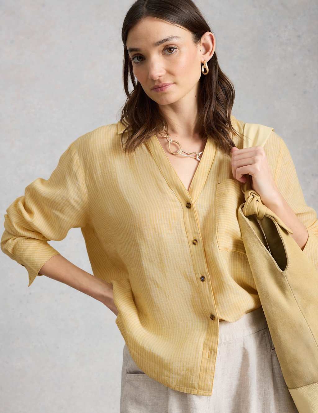 White Stuff Women's Pure Linen Striped Button Through Shirt - 12 - Yellow Mix - Available at M&S