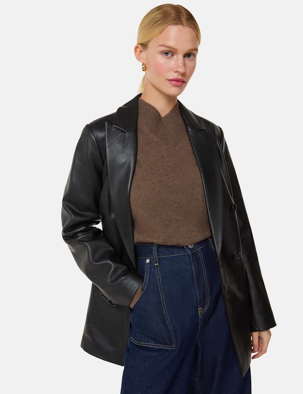 Leather Double Breasted Waisted Blazer