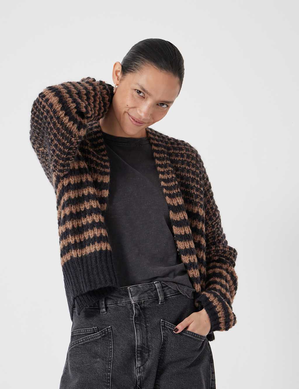 HUSH Alpaca Blend Striped Cardigan Black Mix