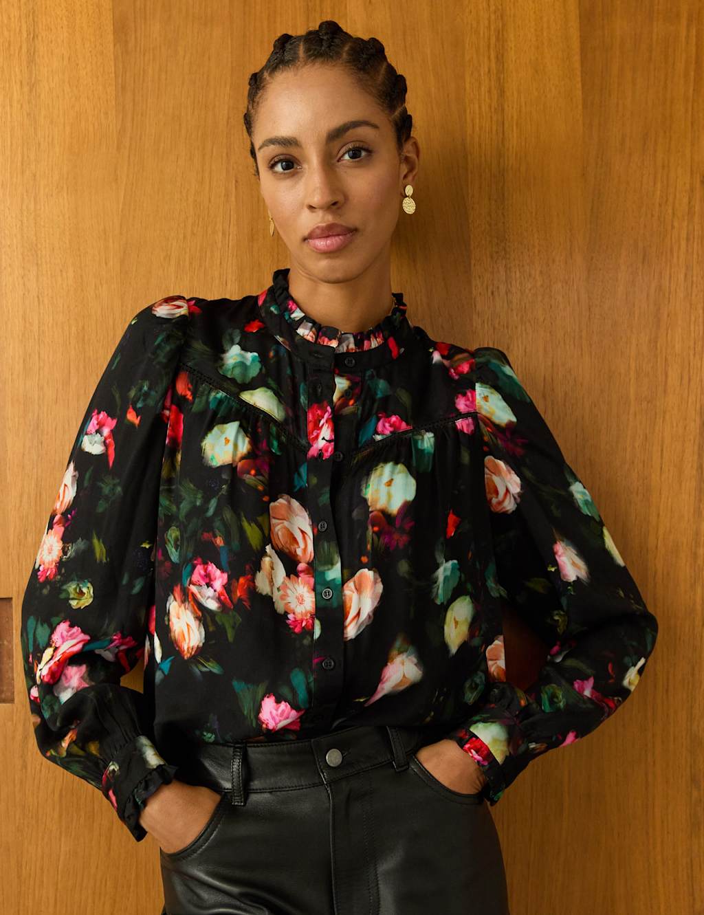 BAUKJEN Floral High Neck Ruffle Blouse Black Mix