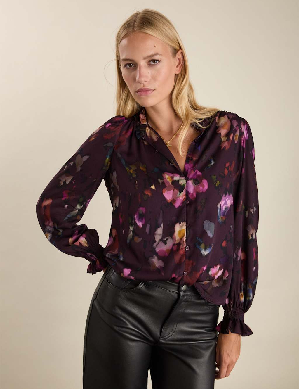 BAUKJEN Satin Floral High Neck Blouse Burgundy Mix