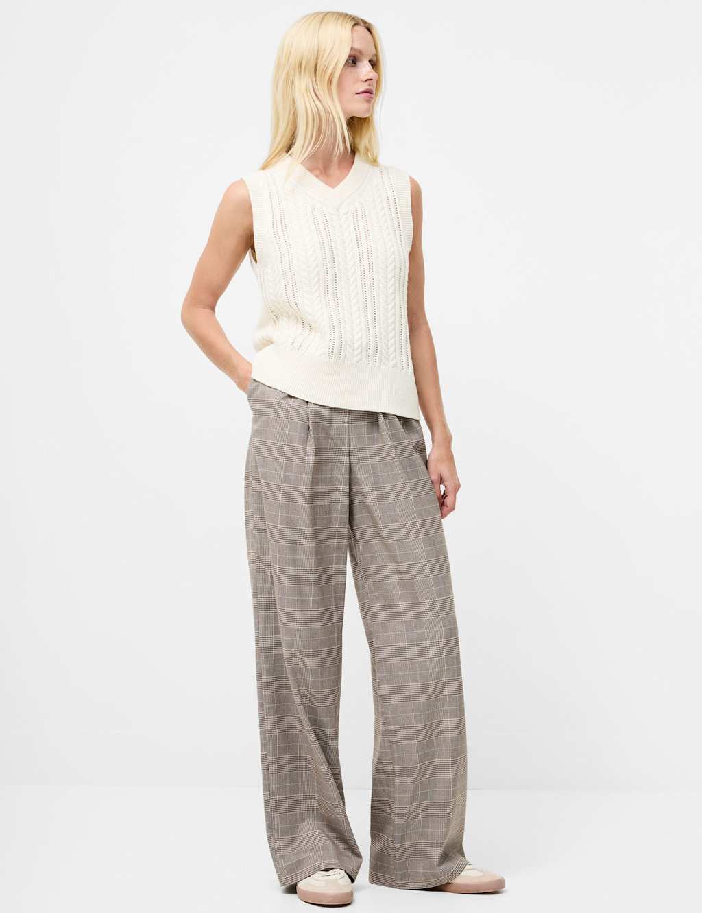 French Connection Cotton Rich Cable Knit V-Neck Knitted Vest Cream