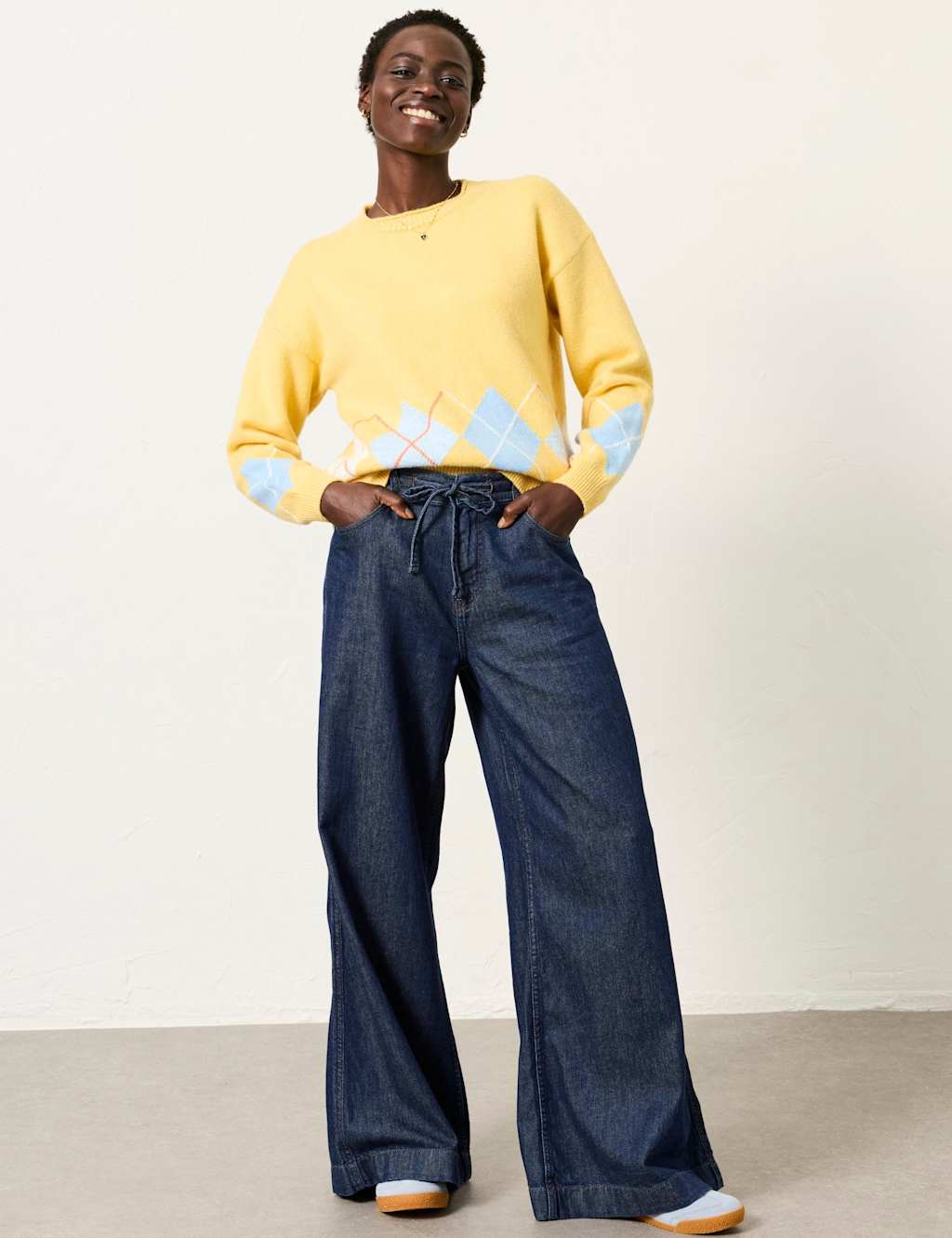 Fatface Women's Cotton Rich Argyle Crew Neck Jumper - 8 - Yellow Mix - Available at M&S