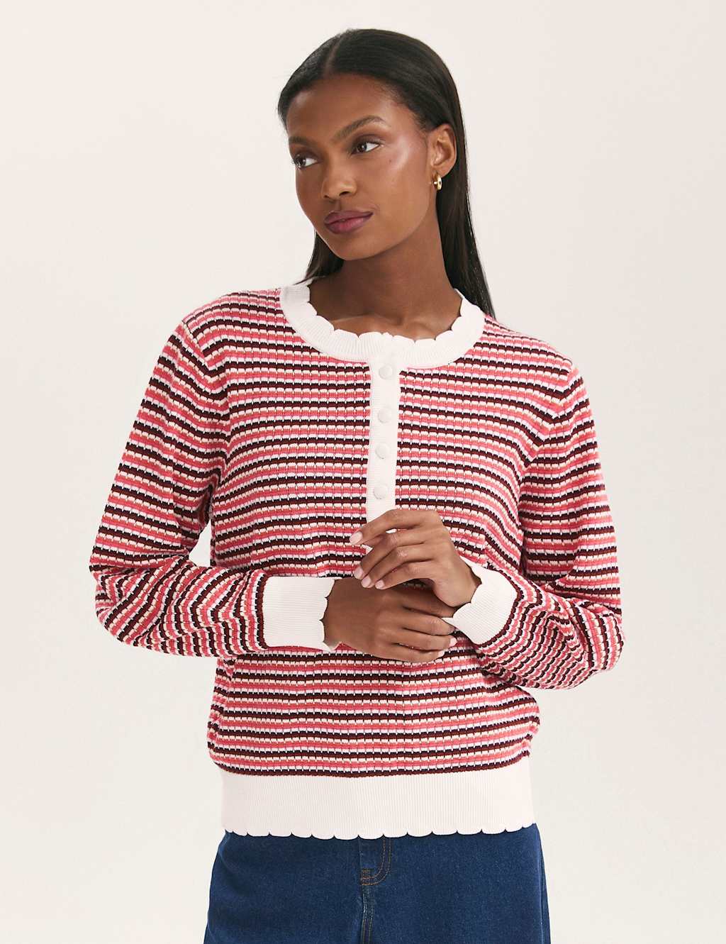 Finery London Pure Cotton Striped Button-Detail Jumper Pink Mix