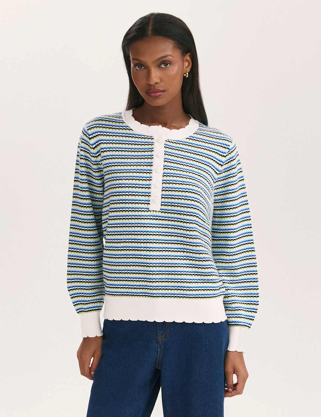 Finery London Pure Cotton Striped Button-Detail Jumper Blue Mix