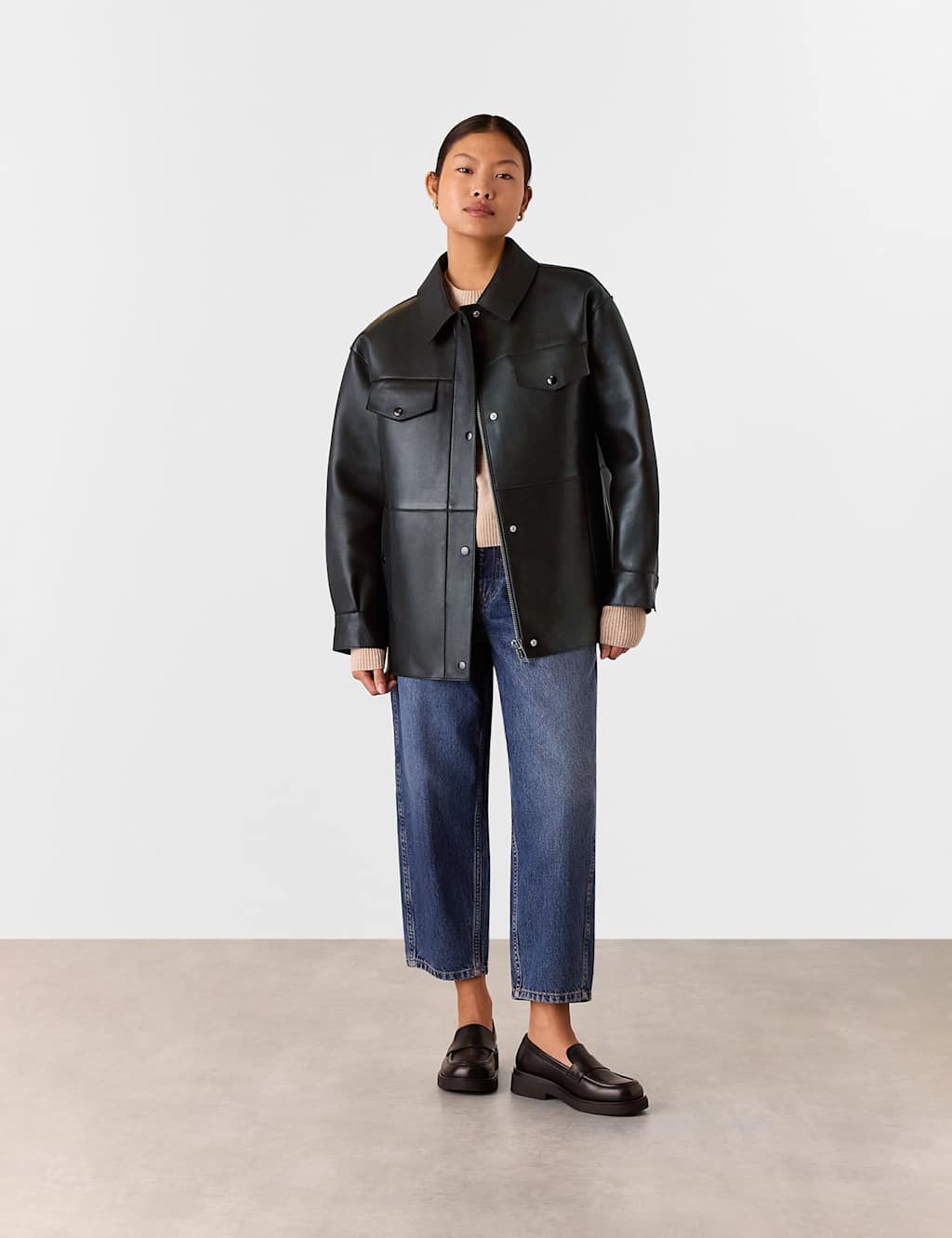 Leather Relaxed Collared Biker Jacket