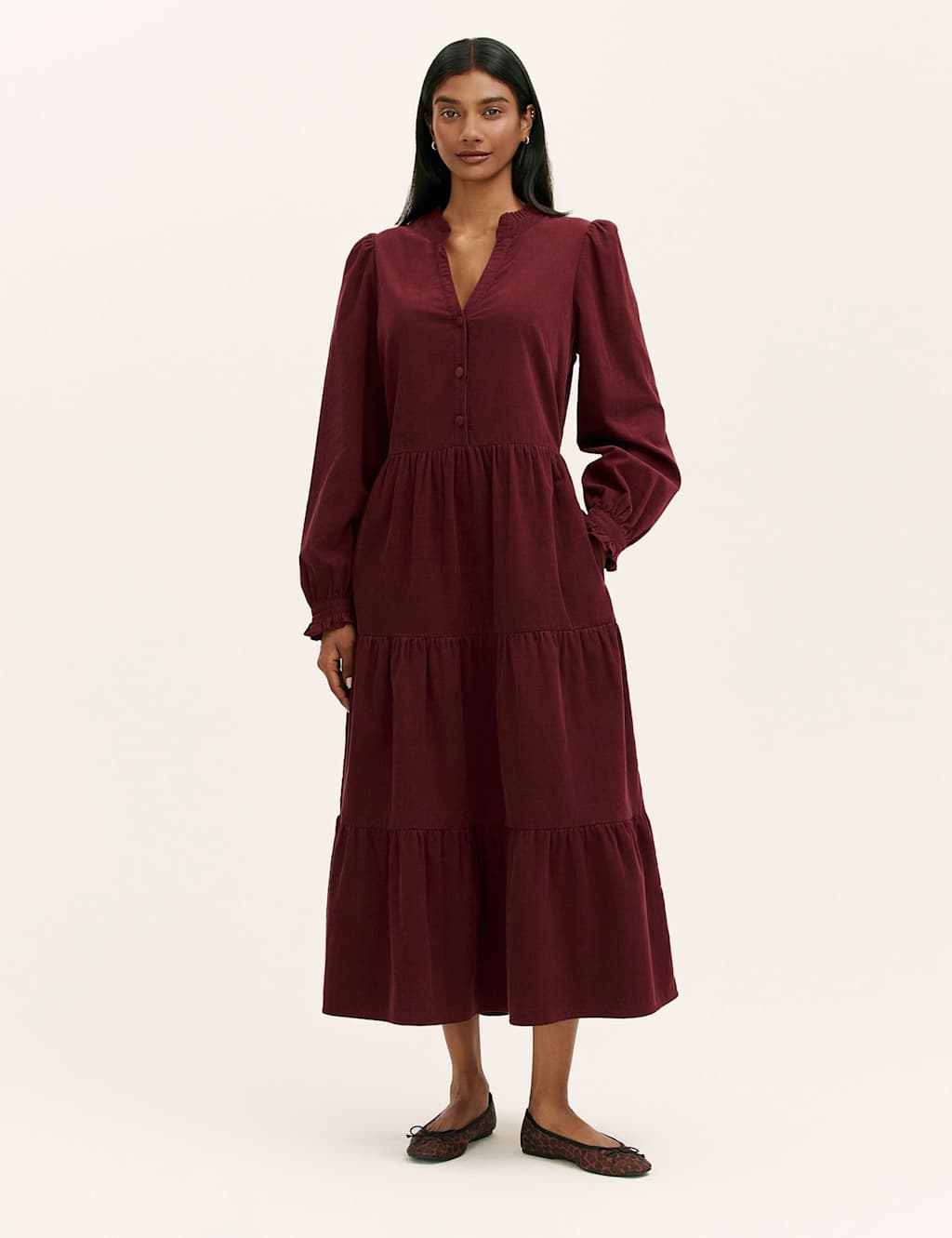 Finery London Pure Cotton Cord Ruffle Midi Tiered Dress Burgundy