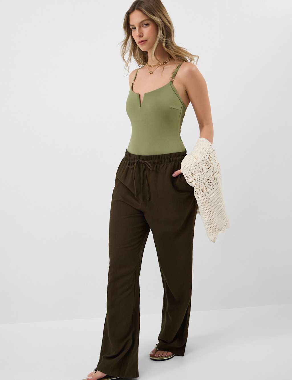 Accessorize Women's Shaping Ribbed Notch Neck Swimsuit - 14 - Khaki - Available at M&S