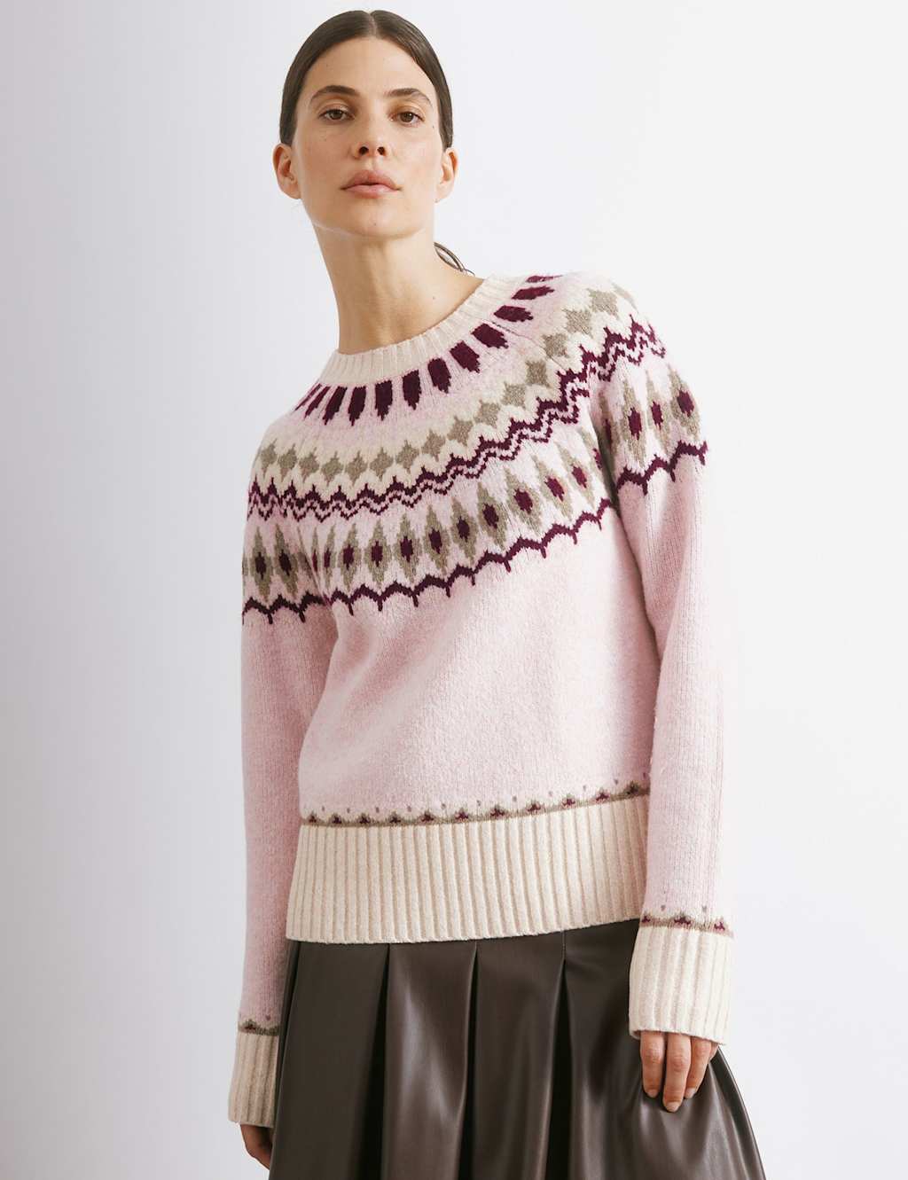 Albaray Fairisle Crew Neck Jumper with Wool Pink Mix