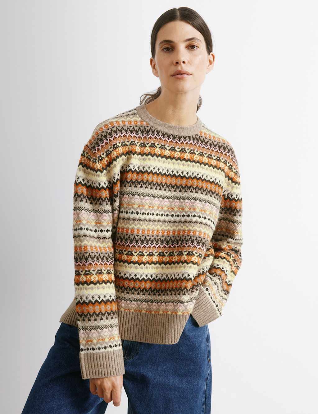 Albaray Fairisle Crew Neck Jumper with Wool Cream Mix