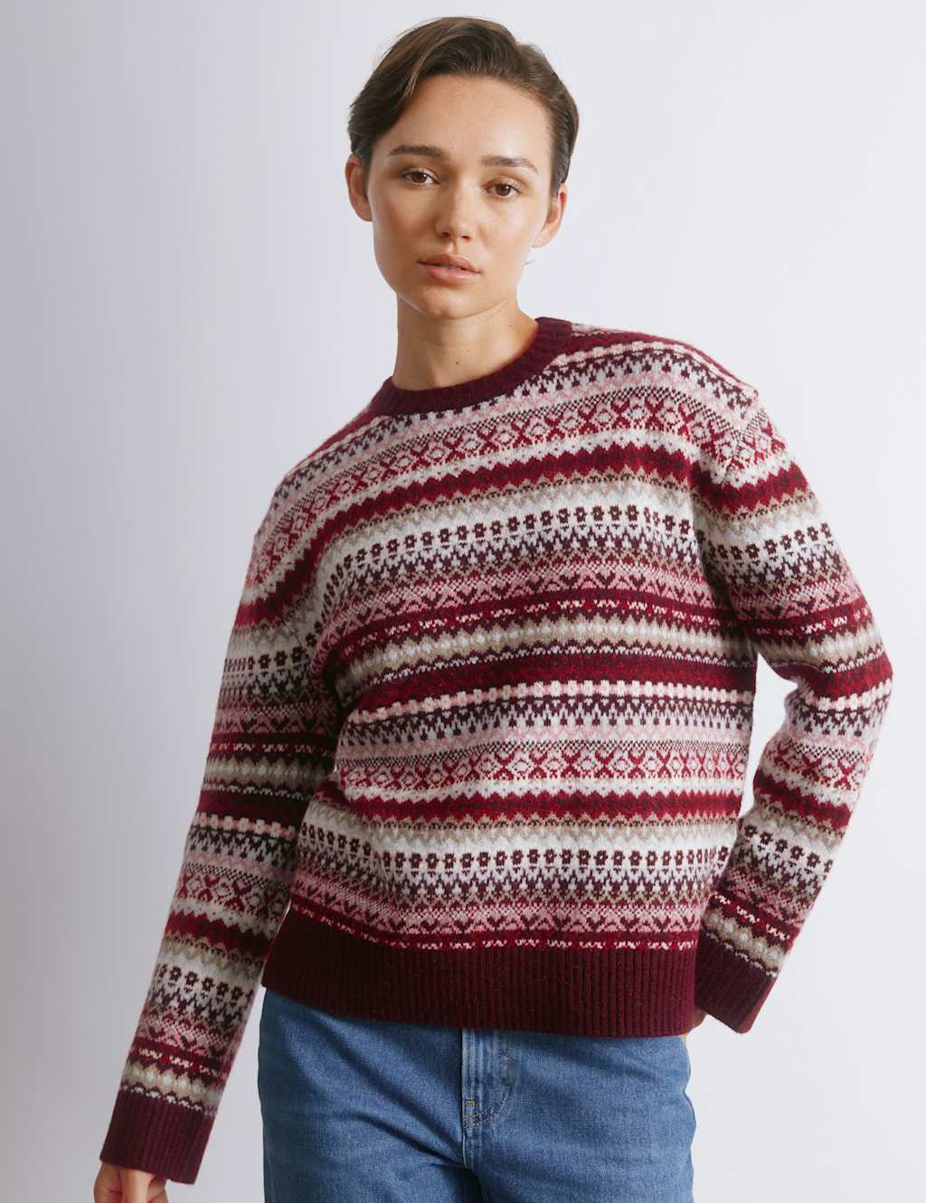 Albaray Fairisle Crew Neck Jumper with Wool Burgundy Mix