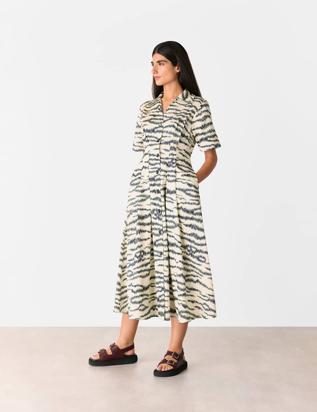 Cotton Blend Animal Print Midi Shirt Dress