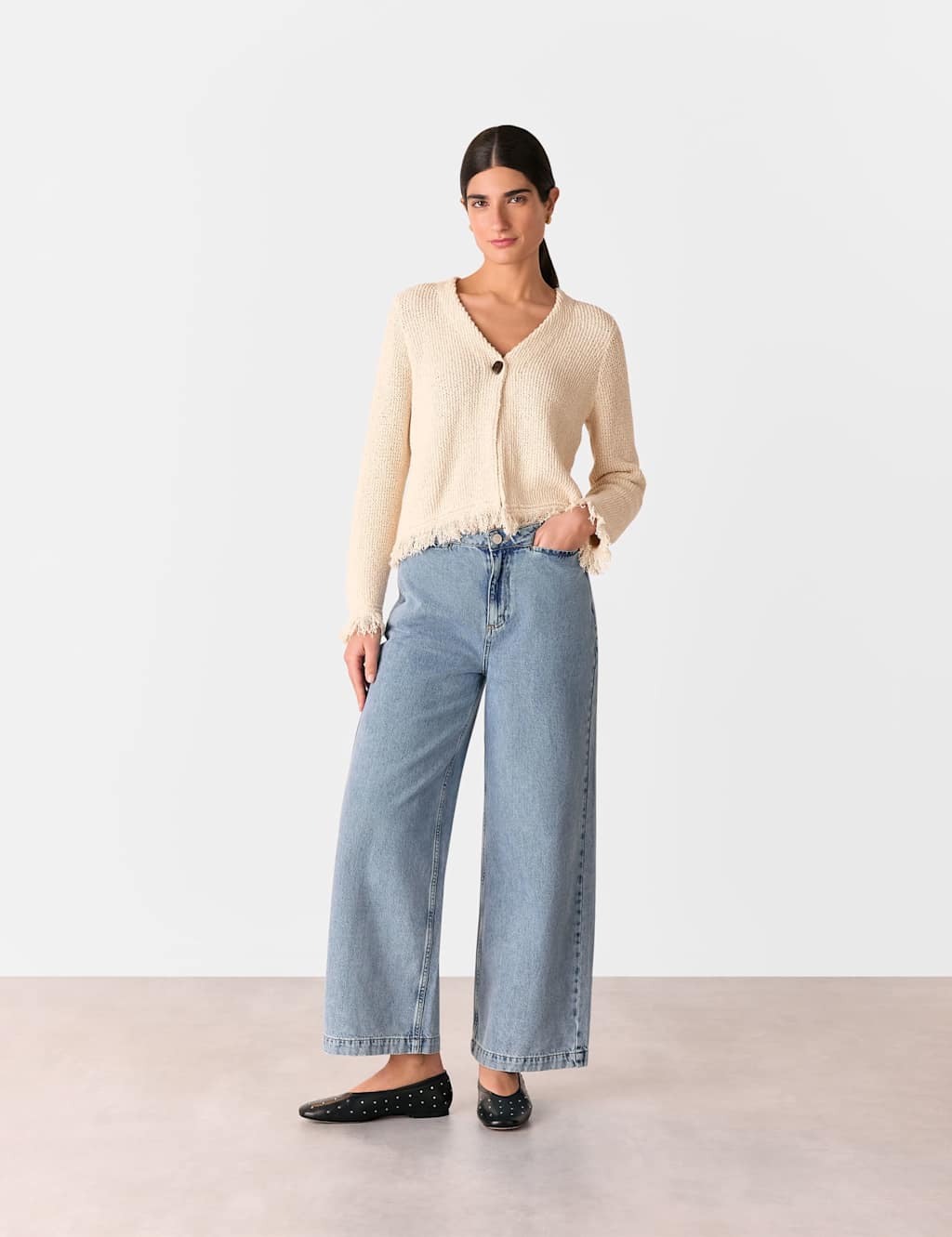 Cotton Rich V-Neck Fringe Cardigan