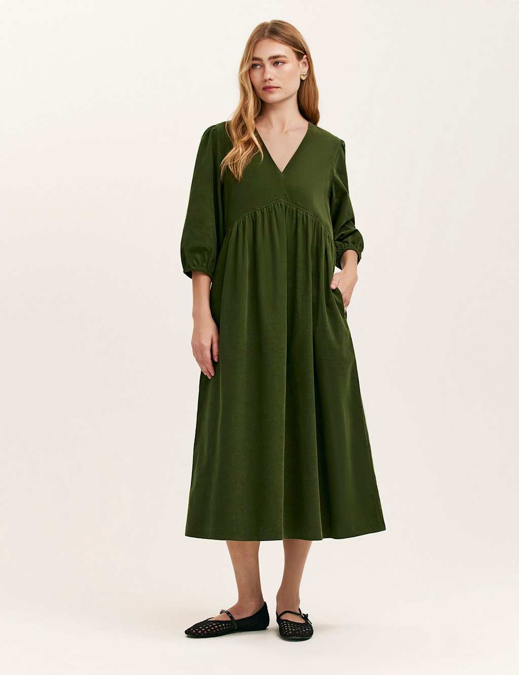 Finery London Cord V-Neck Puff Sleeve Midi Smock Dress Khaki