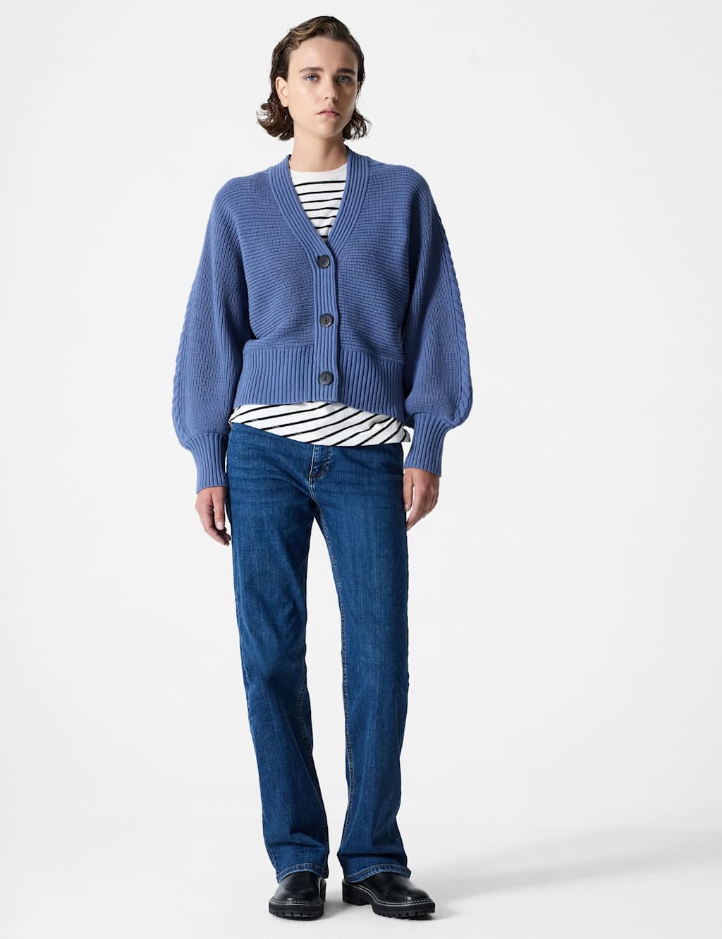 French Connection Cotton Rich Textured V-Neck Cardigan Blue