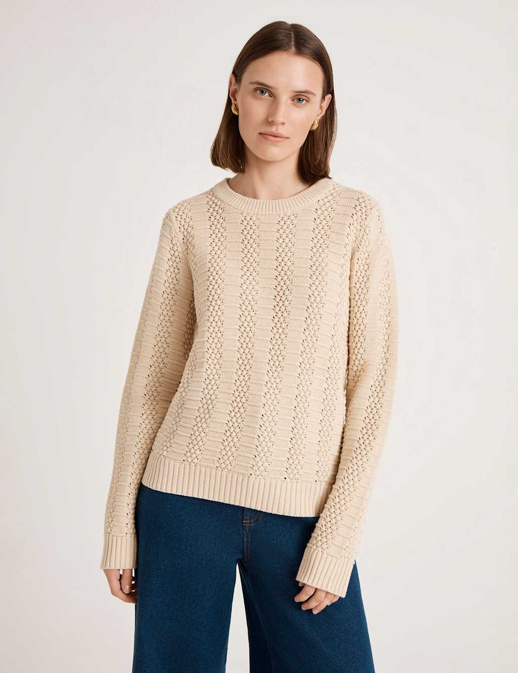 Finery London Pure Cotton Textured Crew Neck Jumper Beige