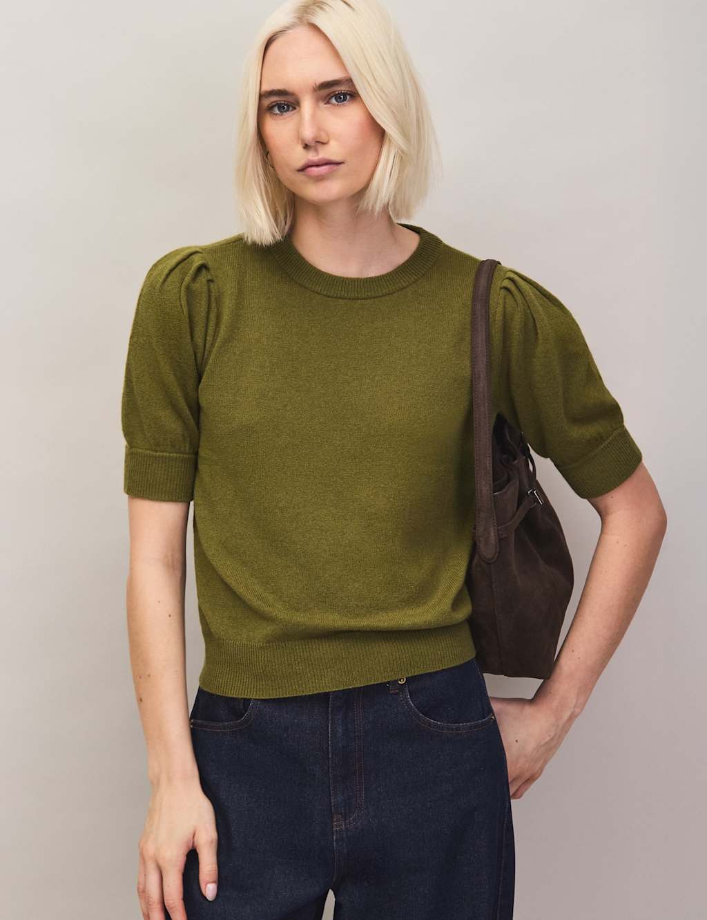 Ro&Zo Women's Wool & Cashmere Blend Puff Sleeve Jumper - Small - Green - Available at M&S