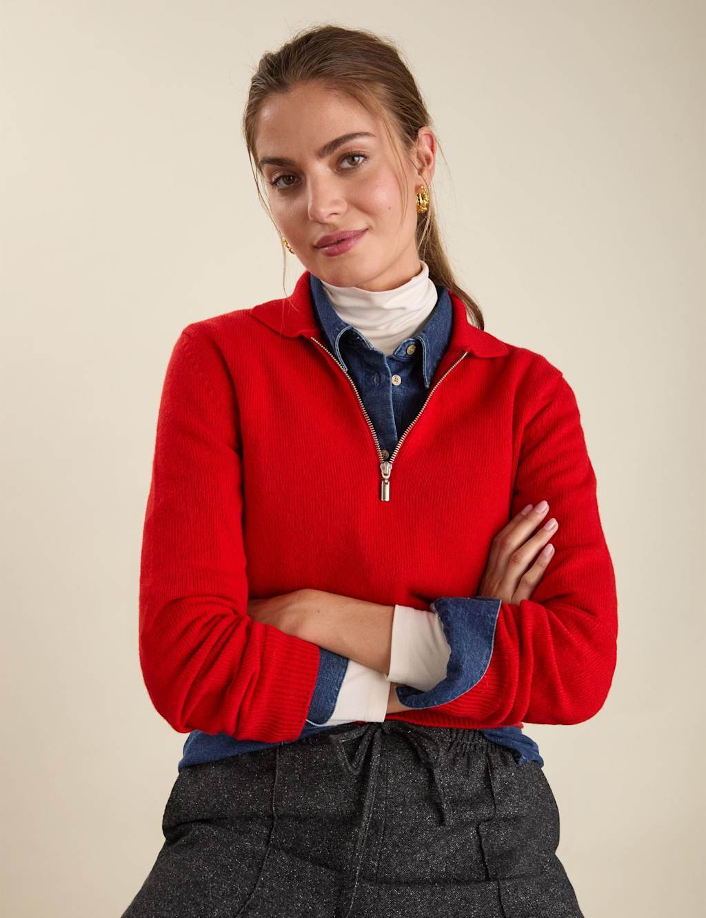 BAUKJEN Pure Wool Collared Half Zip Jumper Red