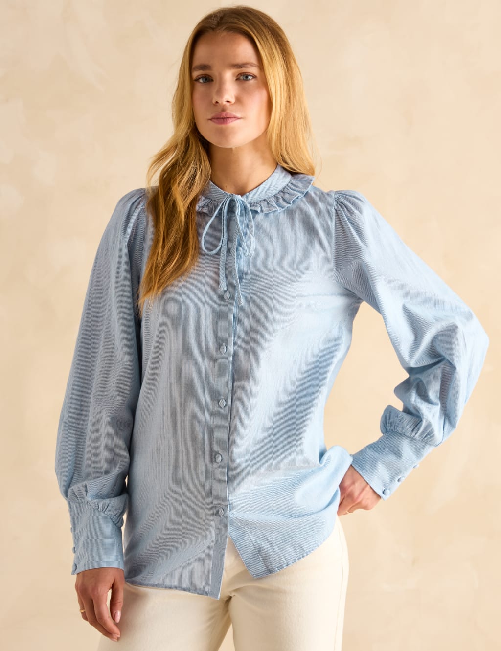 Pure Cotton Striped Tie Neck Ruffle Blouse