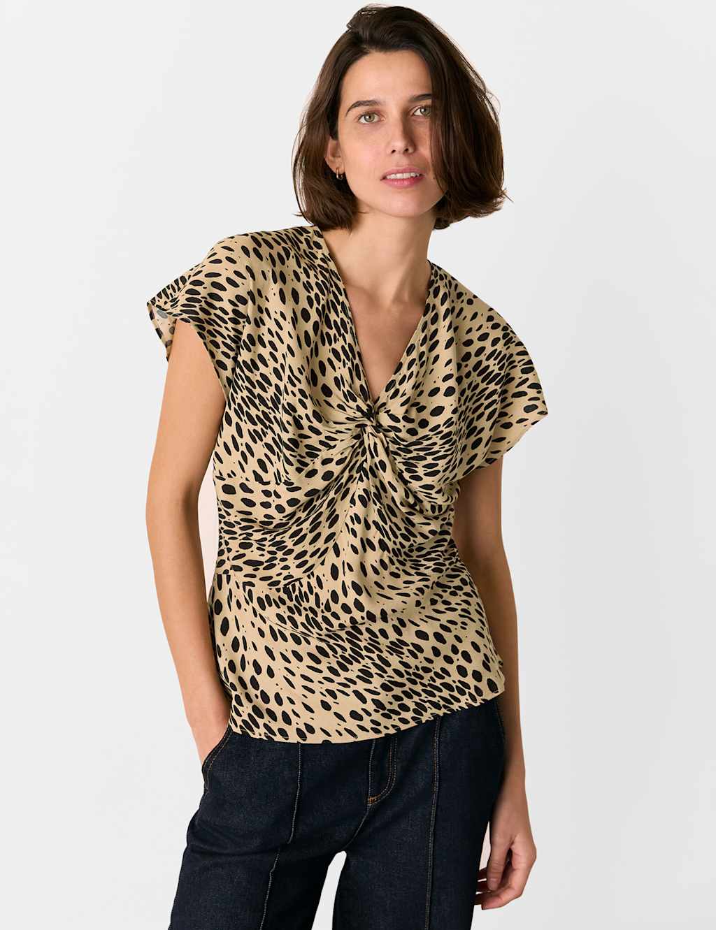 Animal Print V-Neck Twist Front Blouse