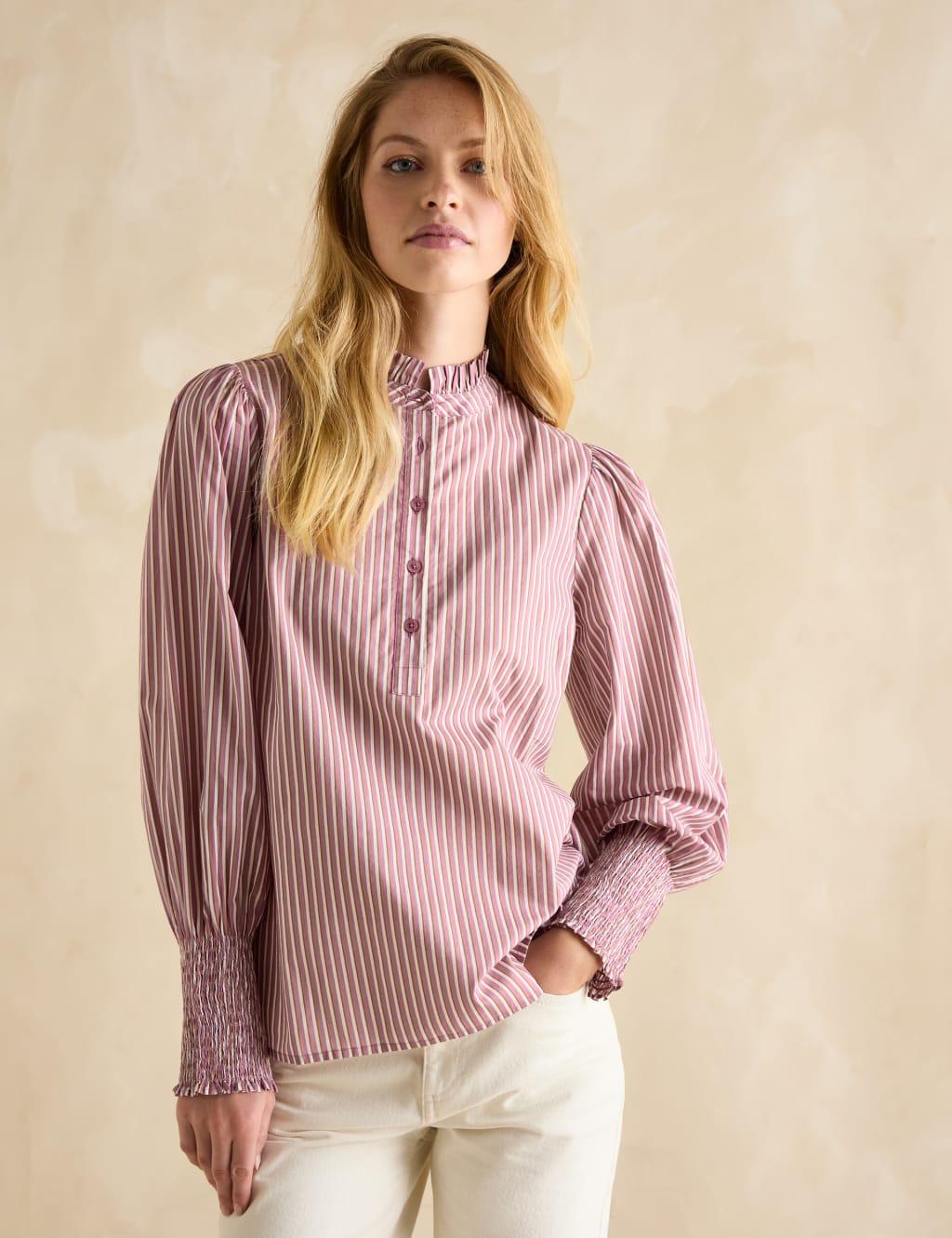 Pure Cotton Striped Frill Neck Blouse