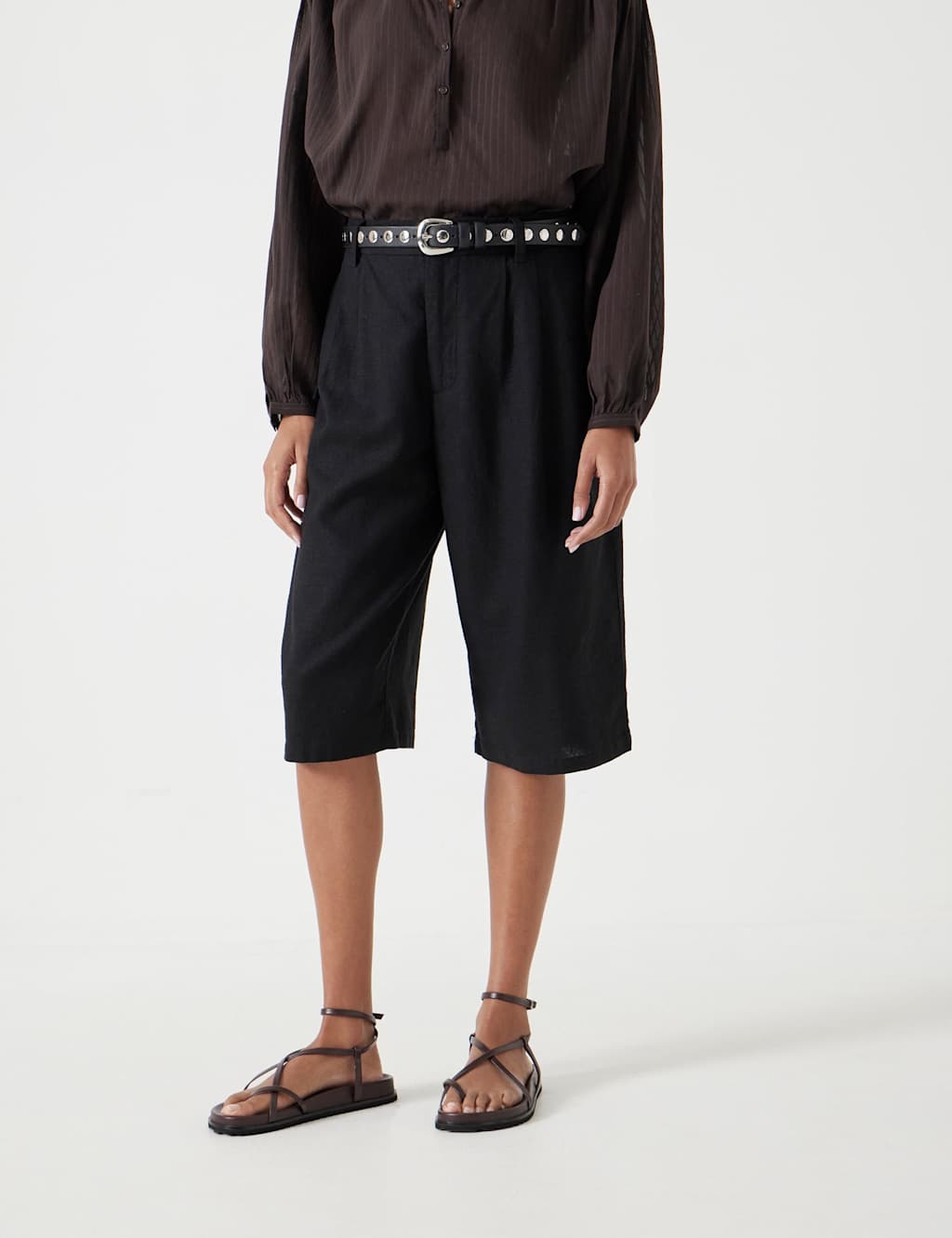 Linen Blend High Waisted Bermuda Shorts