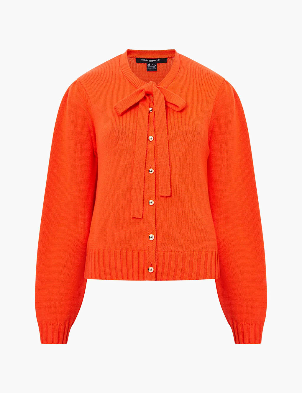 French Connection Textured Tie Neck Puff Sleeve Cardigan Orange