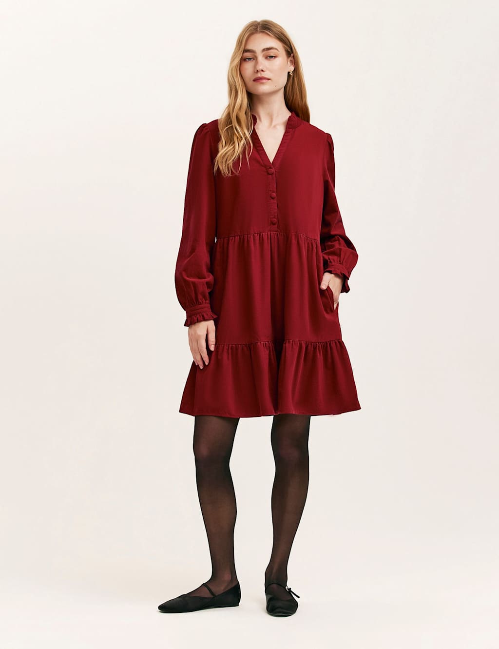 Finery London Cord V-Neck Knee Length Tiered Dress Red