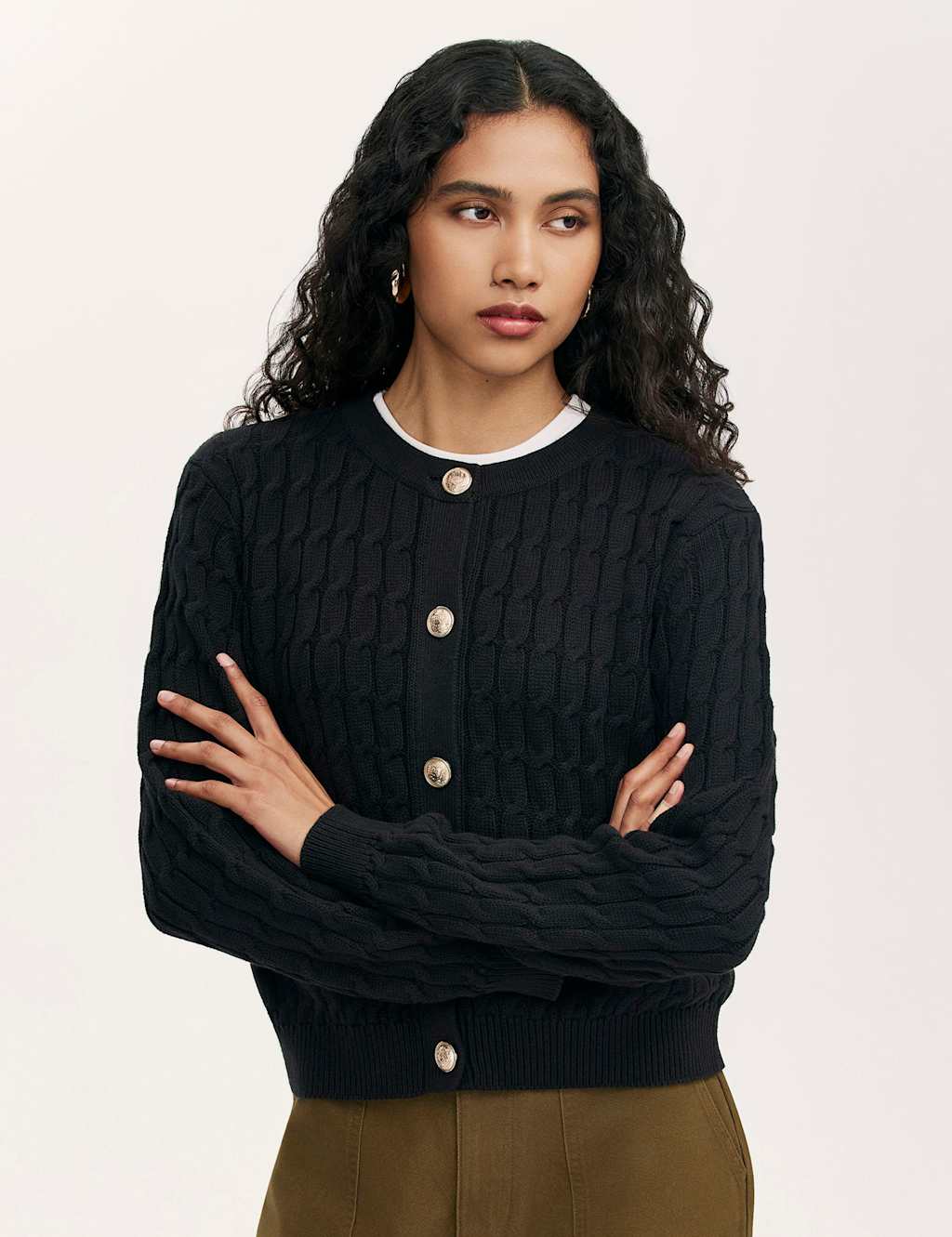 Finery London Pure Cotton Cable Knit Crew Neck Cardigan Black