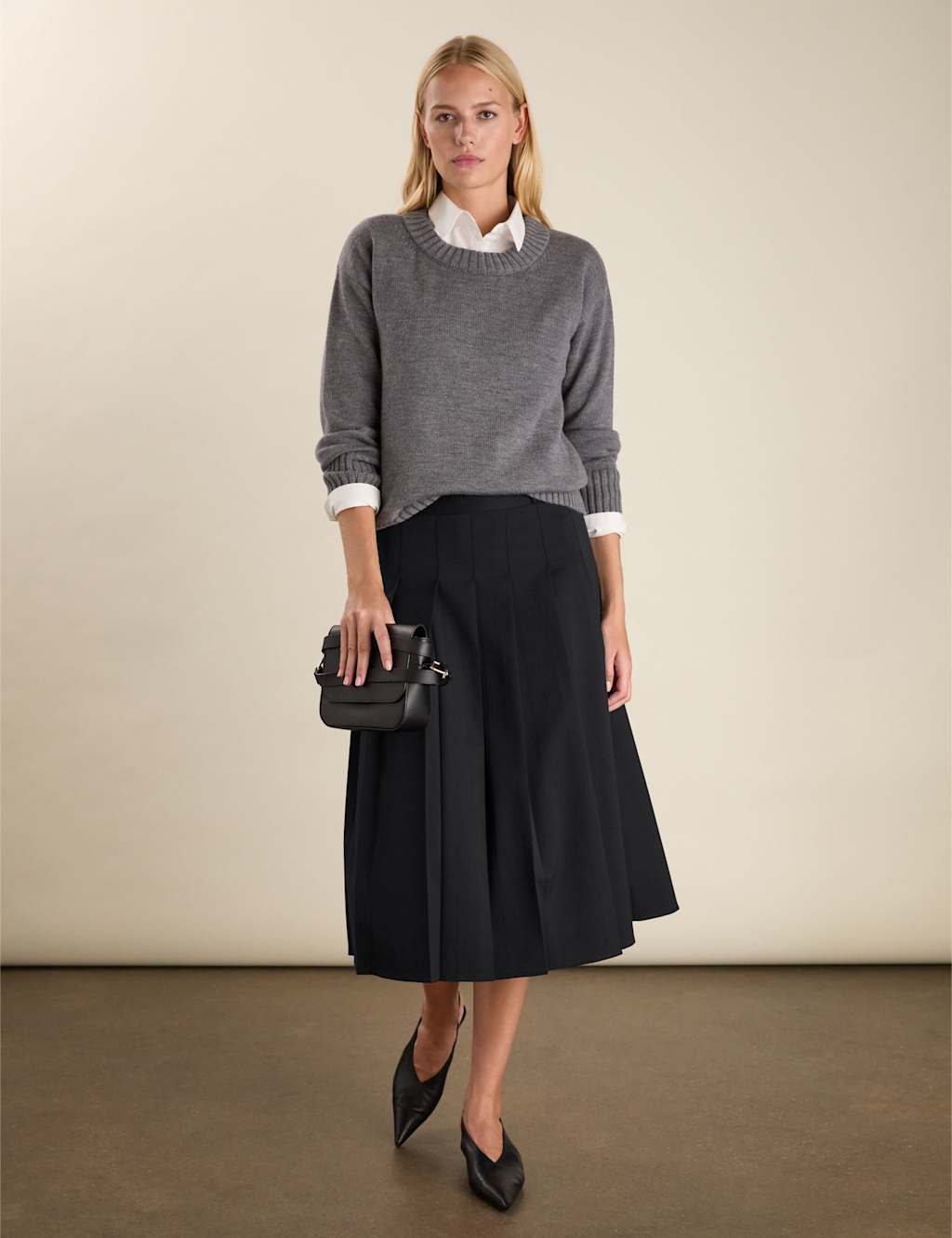 BAUKJEN Wool Blend Pleated Midi A-Line Skirt Black