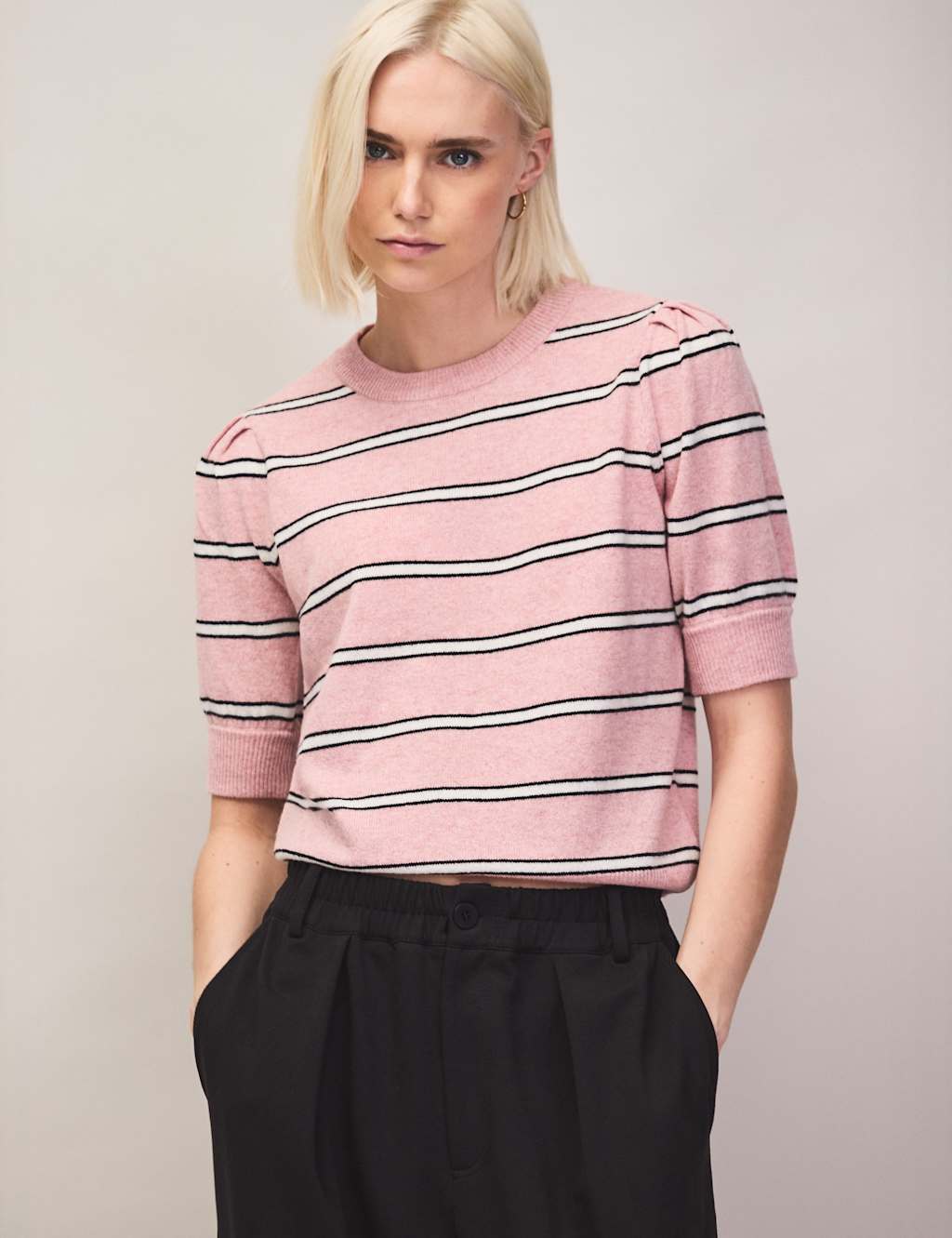Ro&Zo Women's Wool & Cashmere Blend Striped Knitted Top - Small - Light Pink Mix - Available at M&S