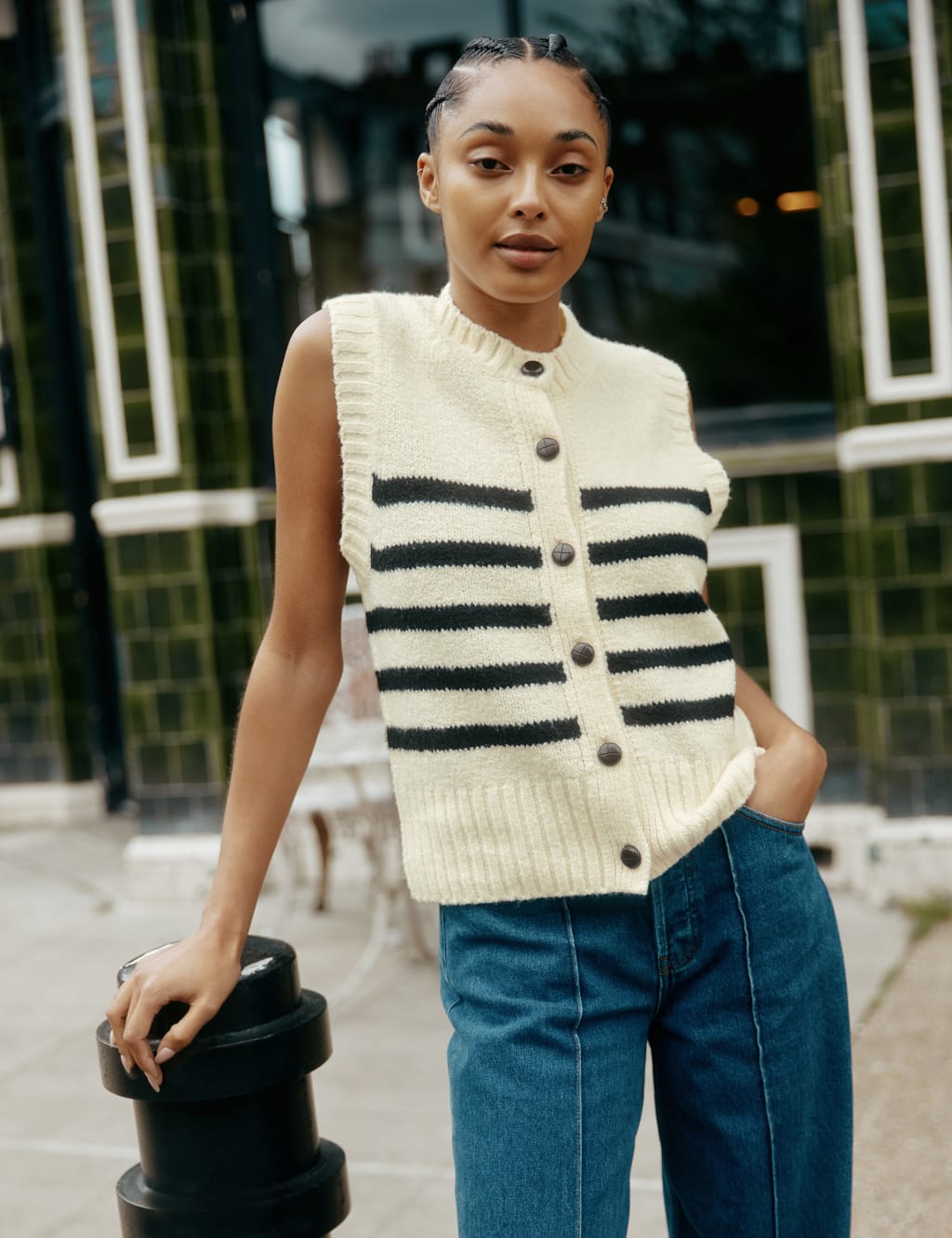 Striped Crew Neck Knitted Top with Wool