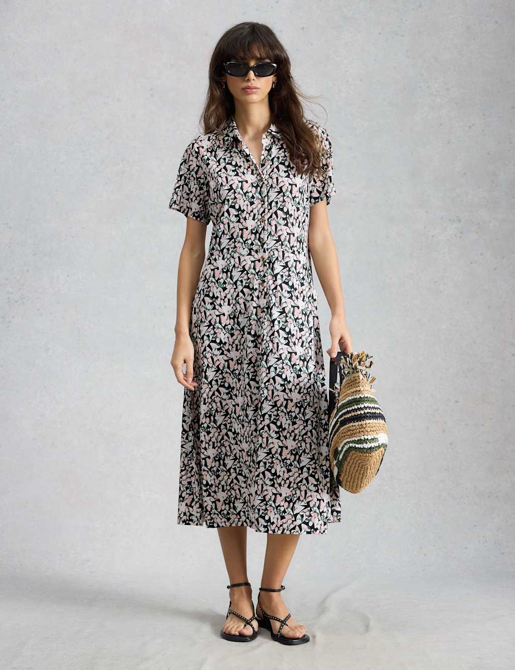 White Stuff Women's Jersey Floral Midi Shirt Dress - 20 - Black Mix - Available at M&S