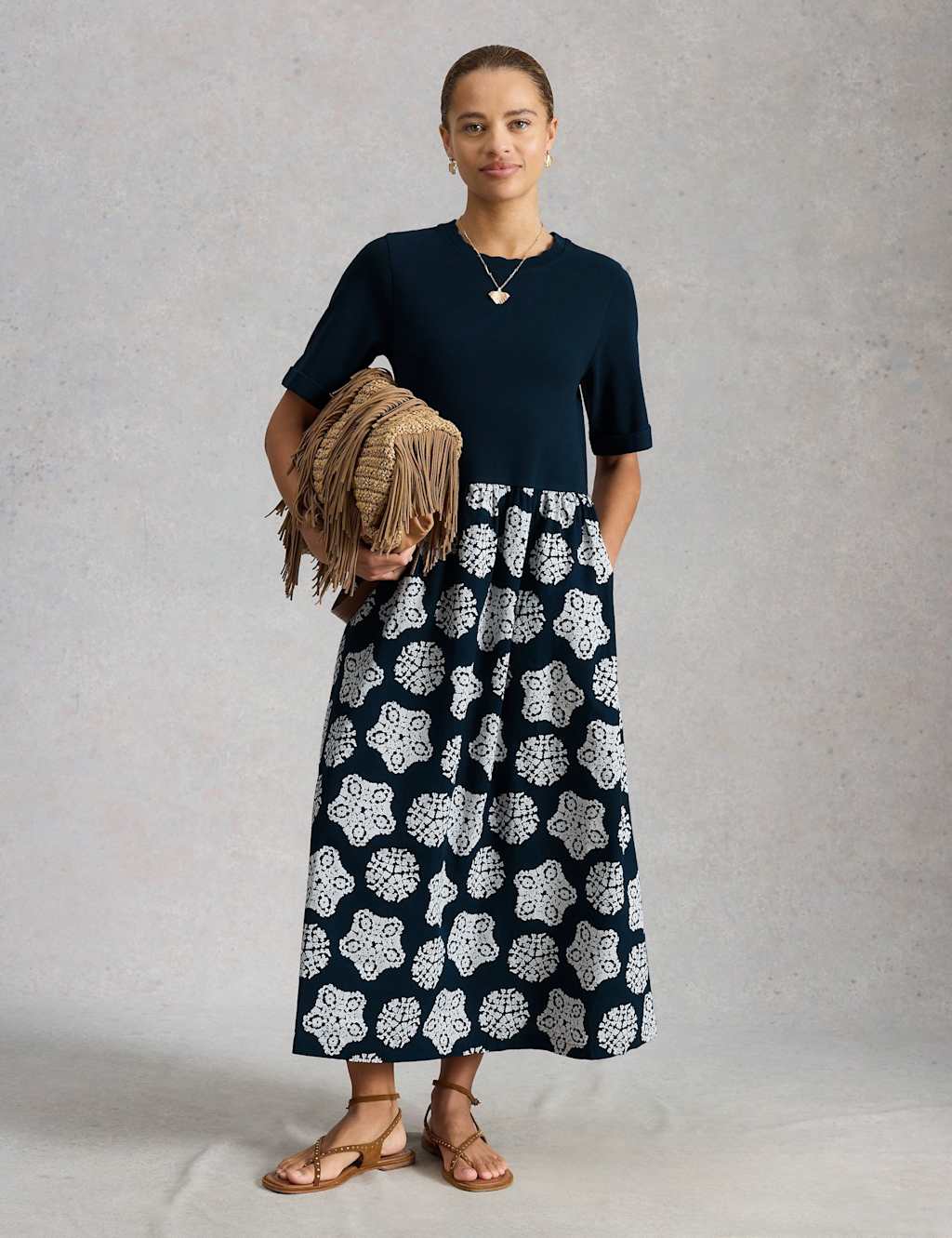 White Stuff Women's Pure Cotton Printed Midaxi Skater Dress - 8 - Navy Mix - Available at M&S