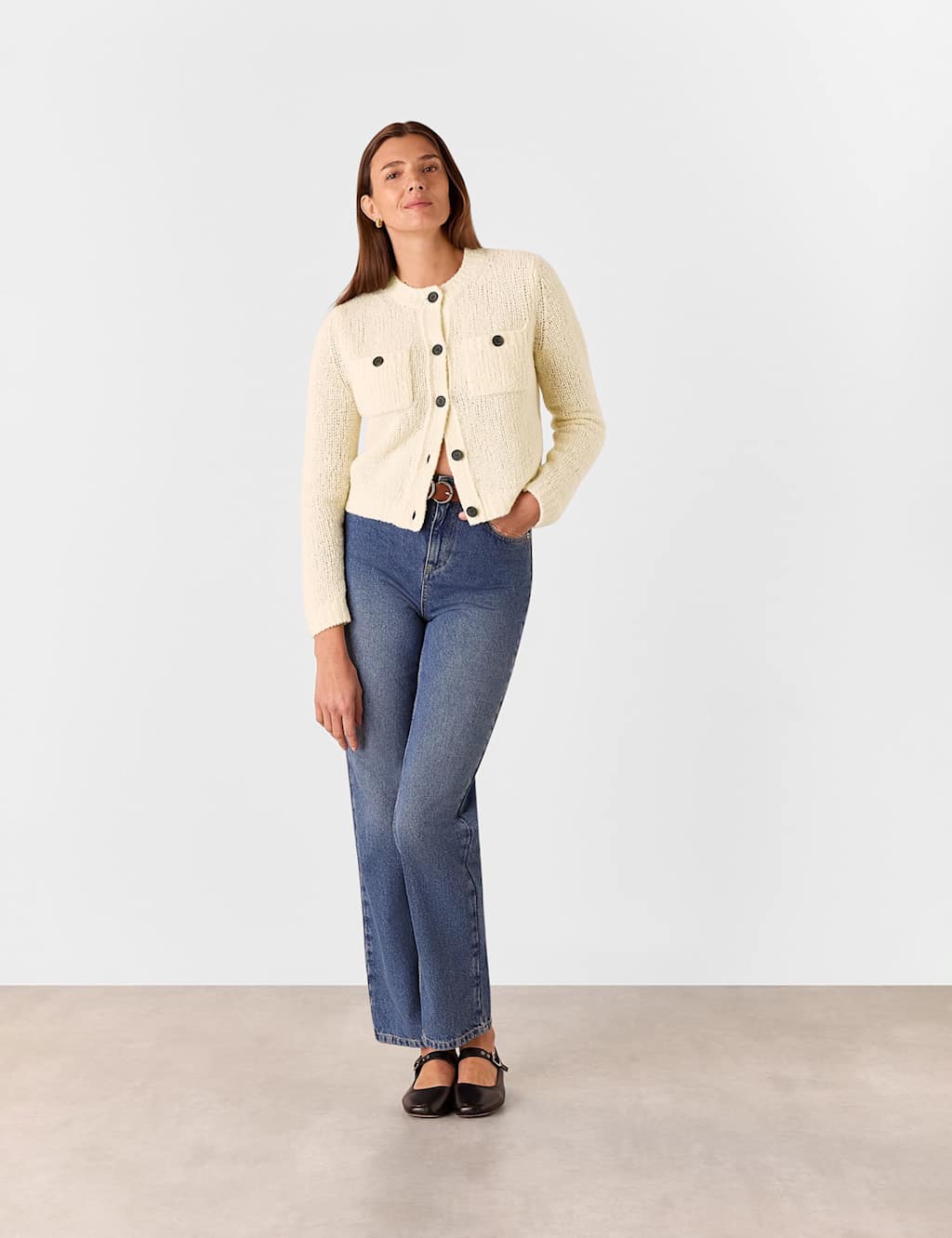 Wool Rich Textured Button Front Cardigan