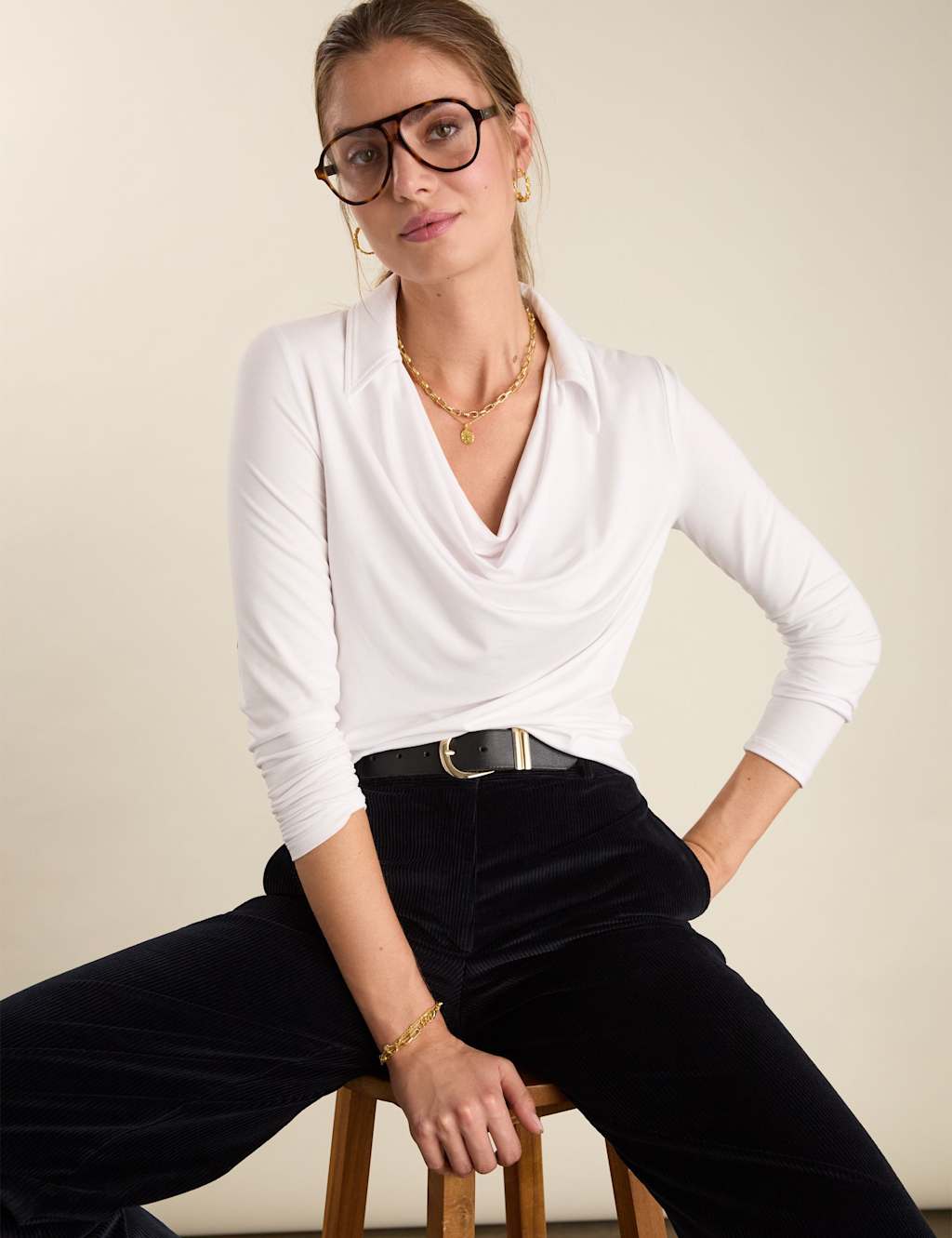 BAUKJEN Jersey Collared Cowl Neck Top White