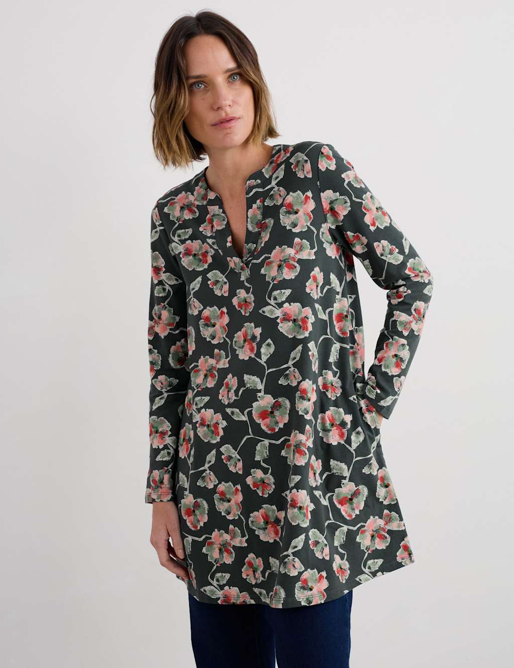 Seasalt Cornwall Cotton Rich Jersey Floral Notch Neck Tunic Green Mix